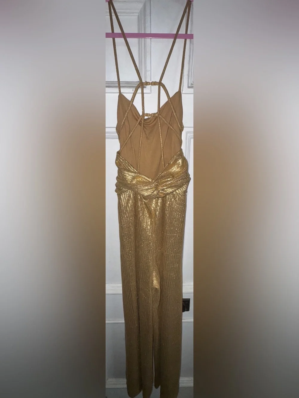 Free People Metallic Gold Wide-Leg Jumpsuit with Waist Tie